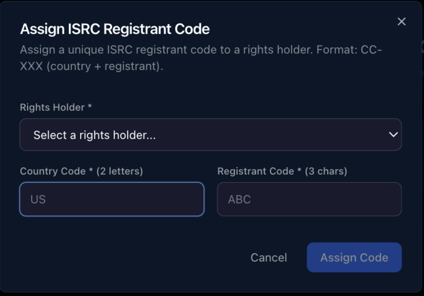 Assign ISRC registrant code — country + registrant (CC-XXX)