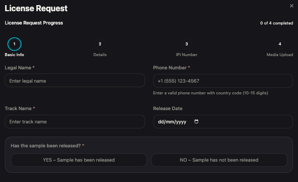 License request — basic info, details, IPI number and media upload