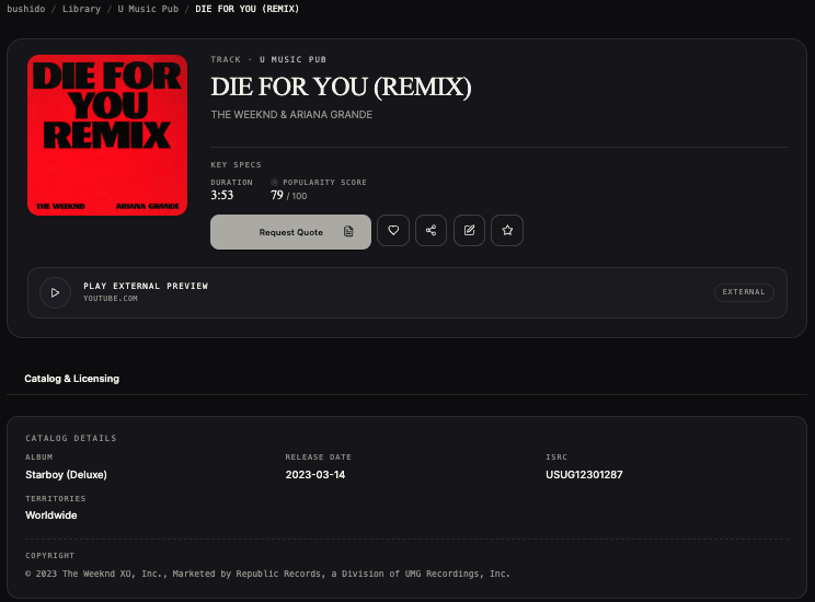 Example metadata — Die For You (Remix) by The Weeknd & Ariana Grande, showing duration, popularity score, album, release date, ISRC, territories and copyright
