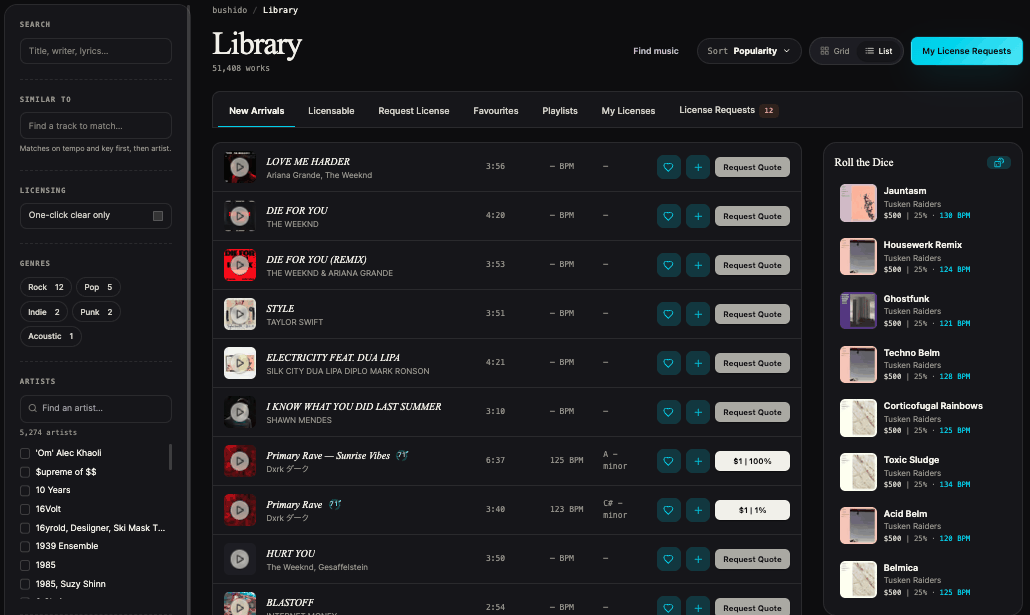 bushido Library — 51,408 works, searchable and licensable with one-click clearing