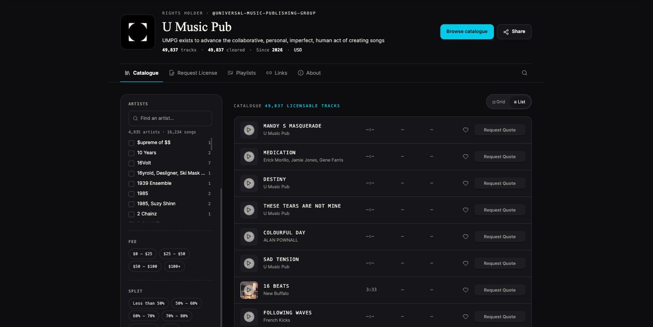 U Music Pub — a white-labeled rightsholder storefront with 49,837 licensable tracks