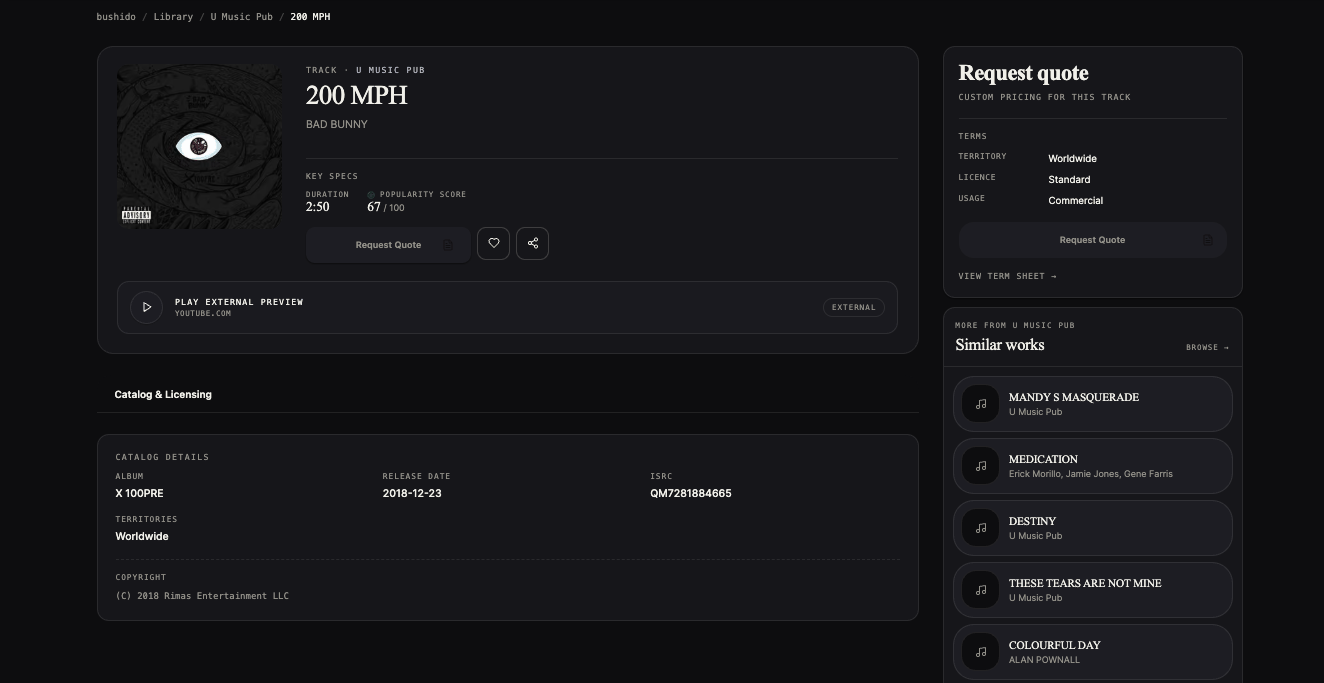 Track detail — 200 MPH, with request quote, terms, catalog details and similar works