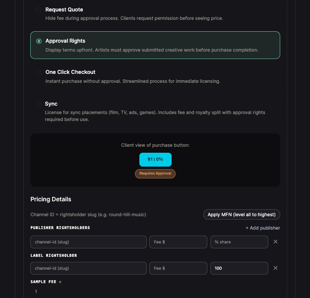 Purchase flow options — request quote, approval rights, one-click checkout, sync — with pricing details