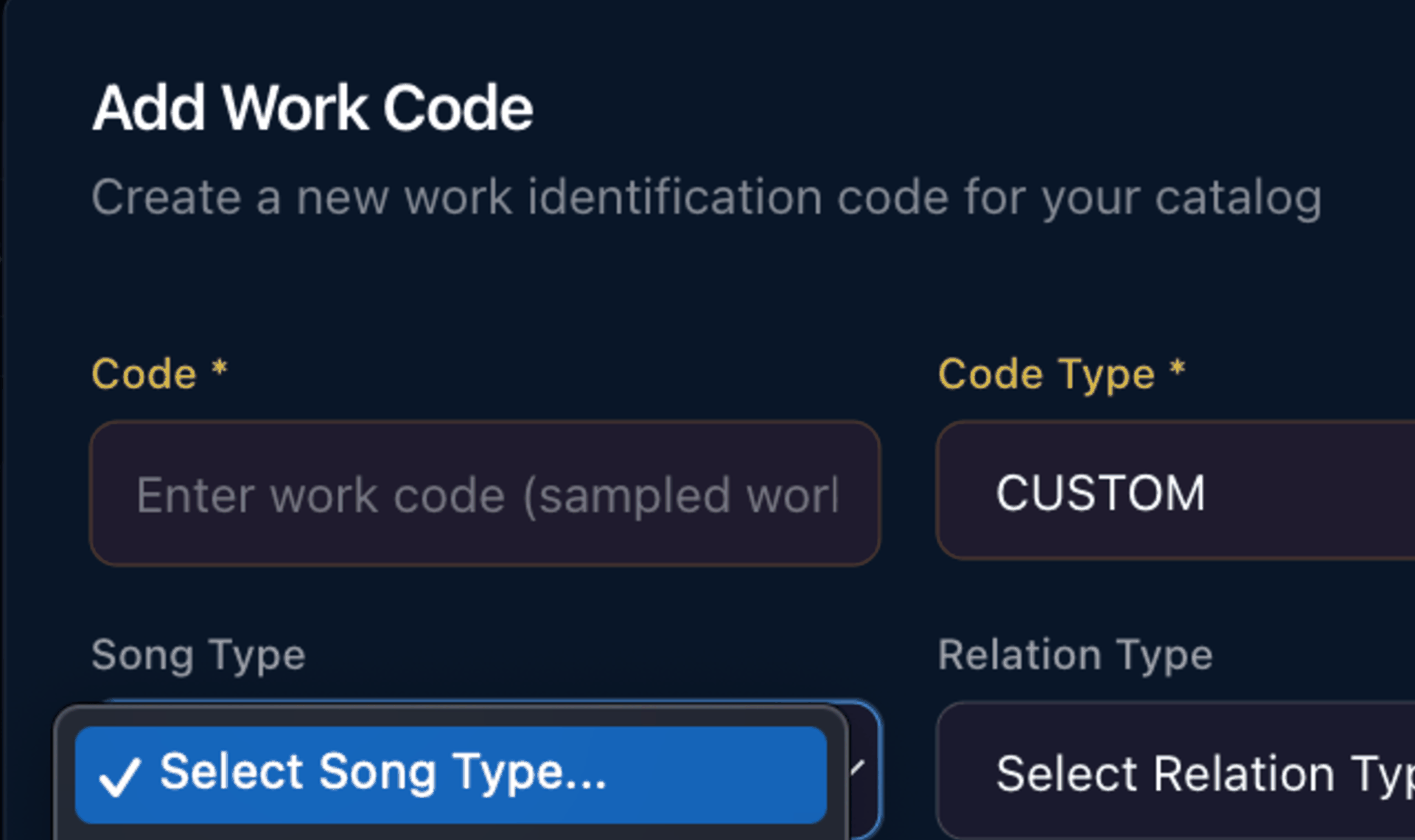 Add work code — code type, song type and relation type